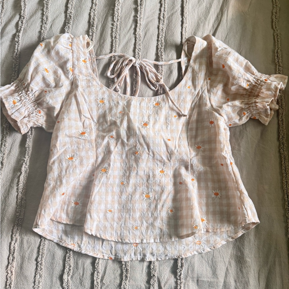 Kirious Smock Sleeve Tie Back Gingham Embroidered Top
